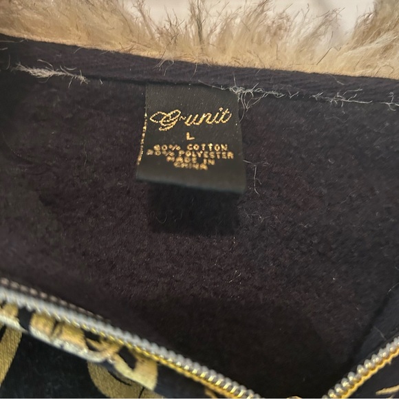 G Unit EUC Hooded Coat Women Size Large Faux Fur Lined Hood Black Gold Washable - Picture 6 of 10